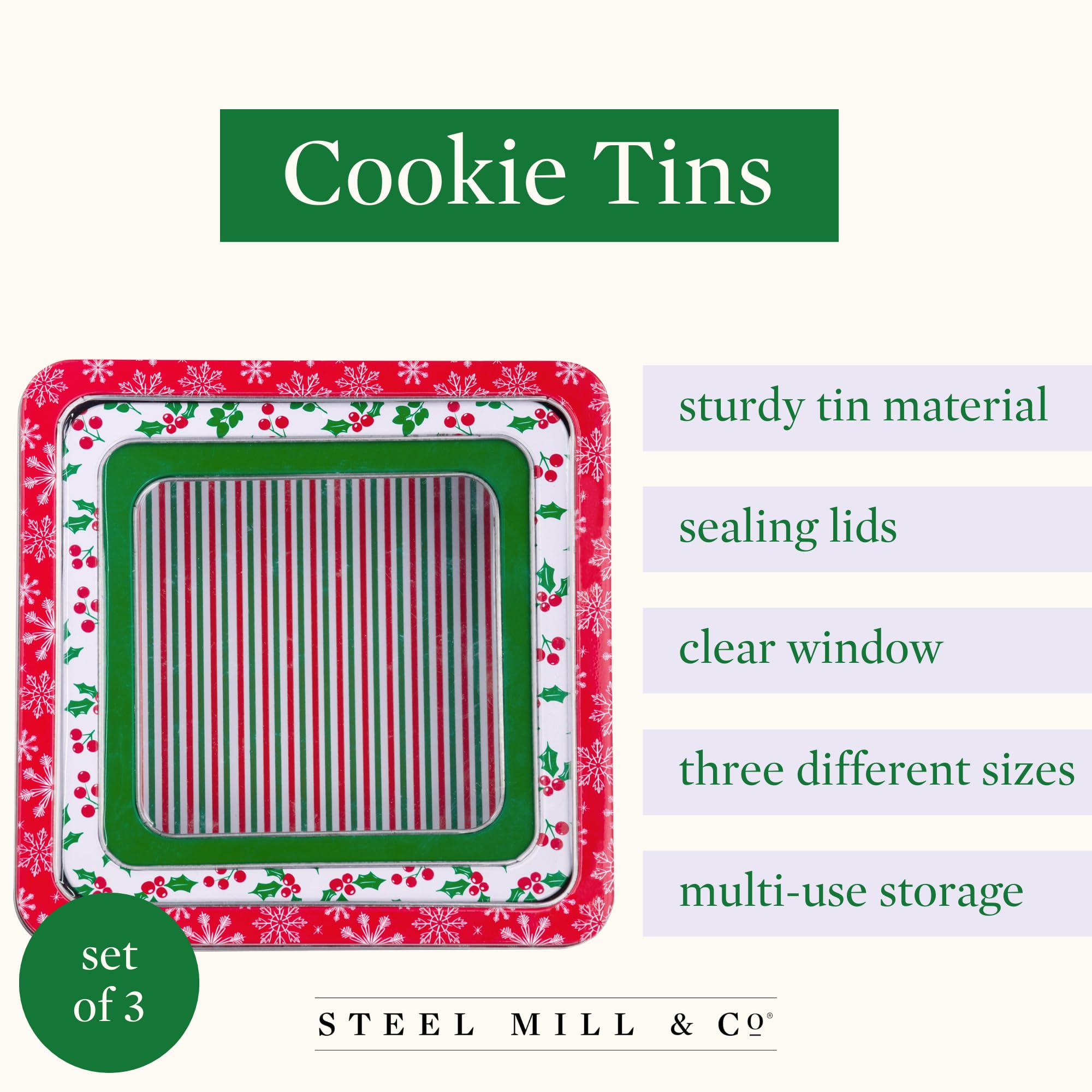 Steel Mill & Co Square Tin Containers with Lids, 3 Pack Christmas Cookie Tins, Festive Cookie Tins for Gift Giving & Holiday Treats, Metal Box Nesting Containers, Large Medium Small, Snowflake