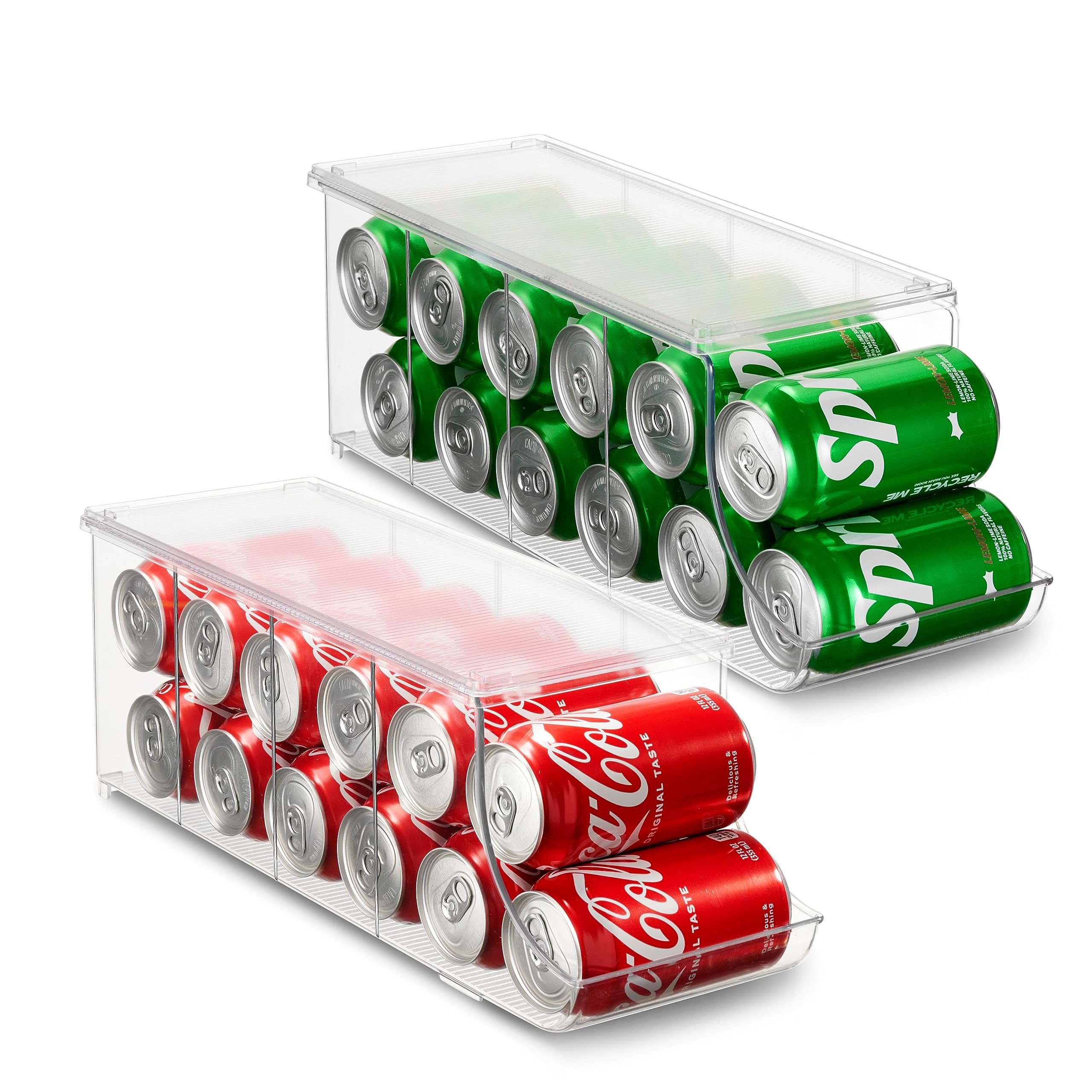 Set of 2 Stackable Refrigerator Organizer Bins Pop Soda Can Dispenser Beverage Holder for Fridge, Freezer, Kitchen, Countertops, Cabinets - Clear Plastic Canned Food Pantry Storage Rack Holds 12 Cans