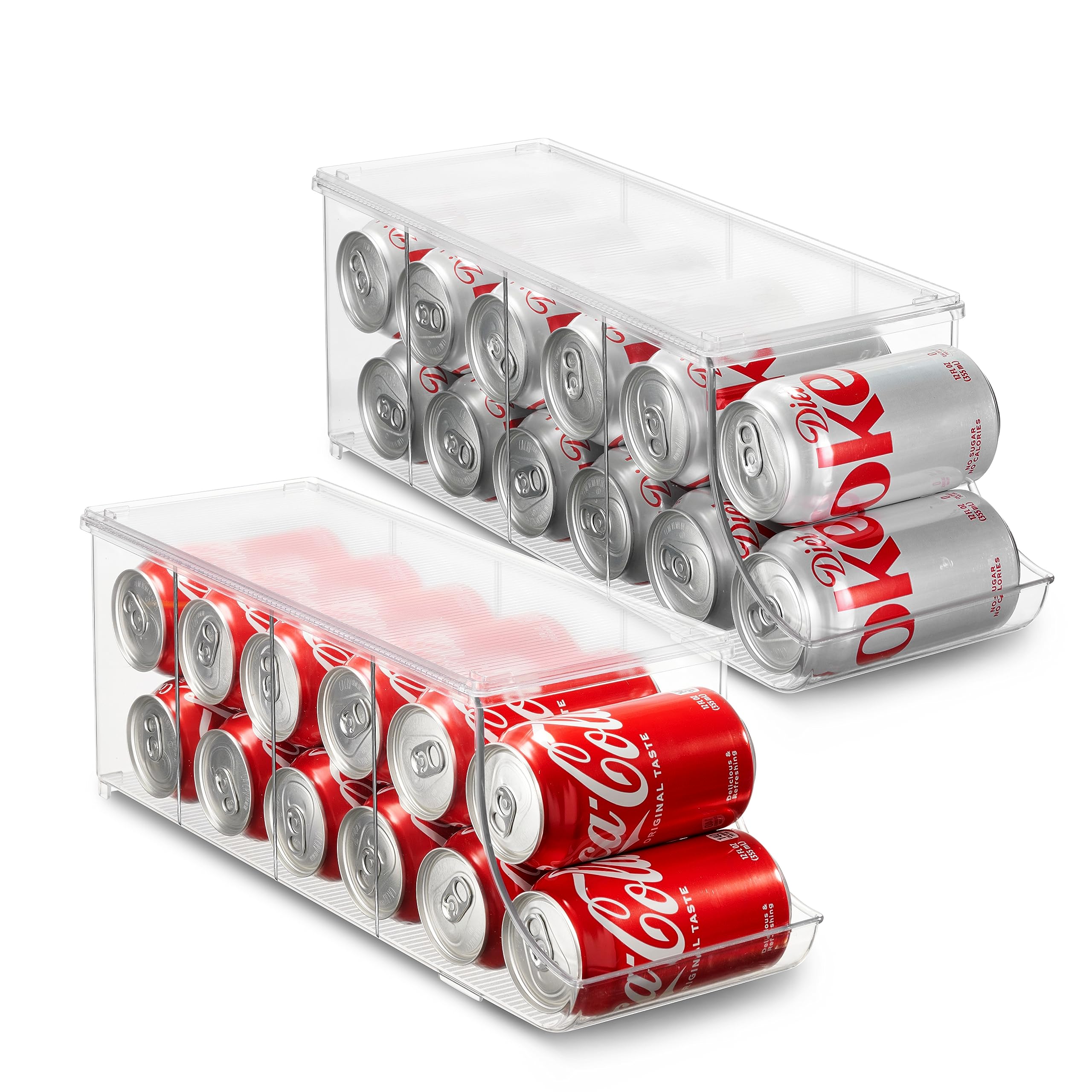 Set of 2 Stackable Refrigerator Organizer Bins Pop Soda Can Dispenser Beverage Holder for Fridge, Freezer, Kitchen, Countertops, Cabinets - Clear Plastic Canned Food Pantry Storage Rack Holds 12 Cans