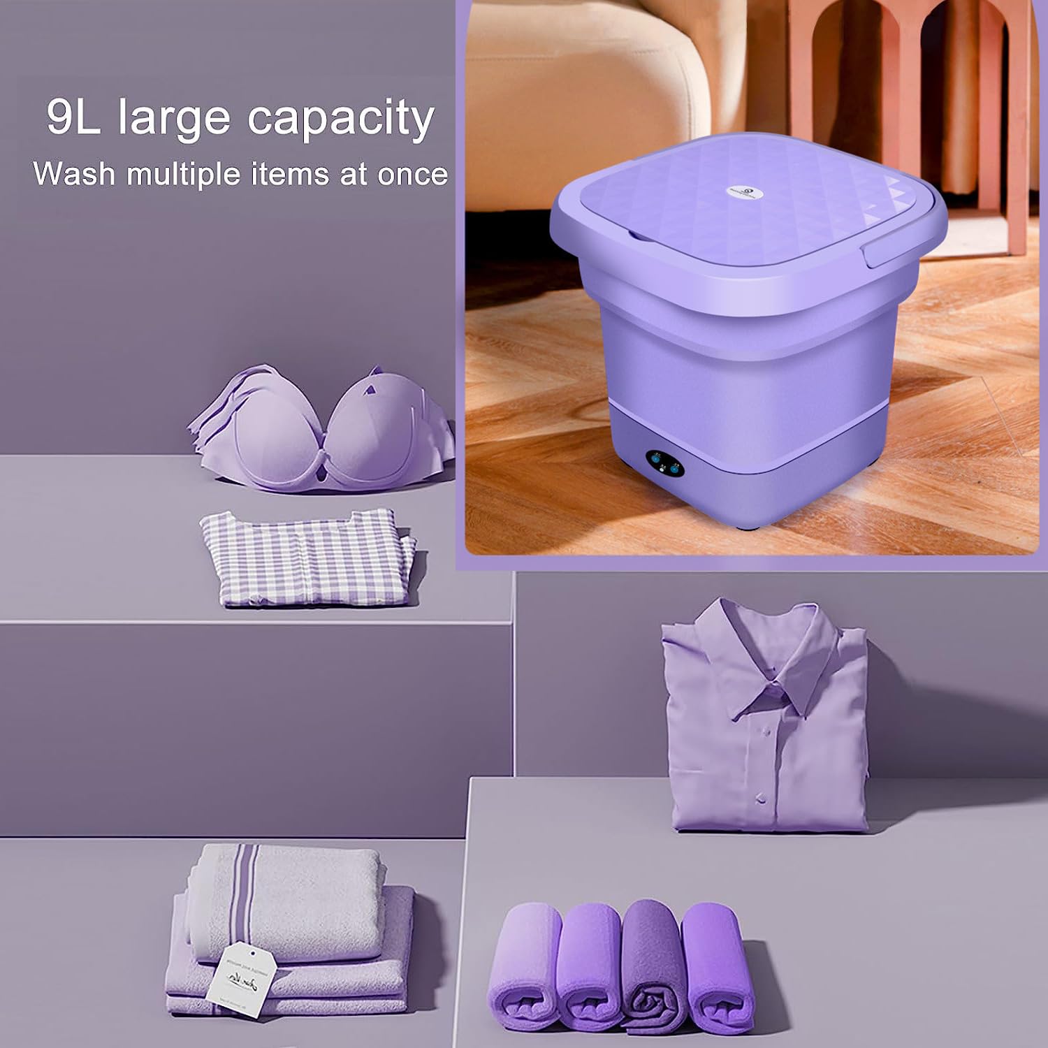 9.0L Portable Washing Machine, High Capacity Mini Washer with 3 Modes Deep Cleaning Half Automatic Washt, Foldable Washing Machine with Soft Spin Dry for Socks, Baby Clothes, Towels, Delicate Items