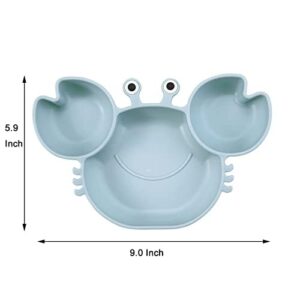 PandaEar 2 Pack Silicone Suction Plates for Baby, Divided Unbreakable Toddler Plate with 2 Pack Spoons for Self Feeding, Babies Utensils Feeding Set Baby Eating Supplies, Crab & Bee Shape -Blue&Green