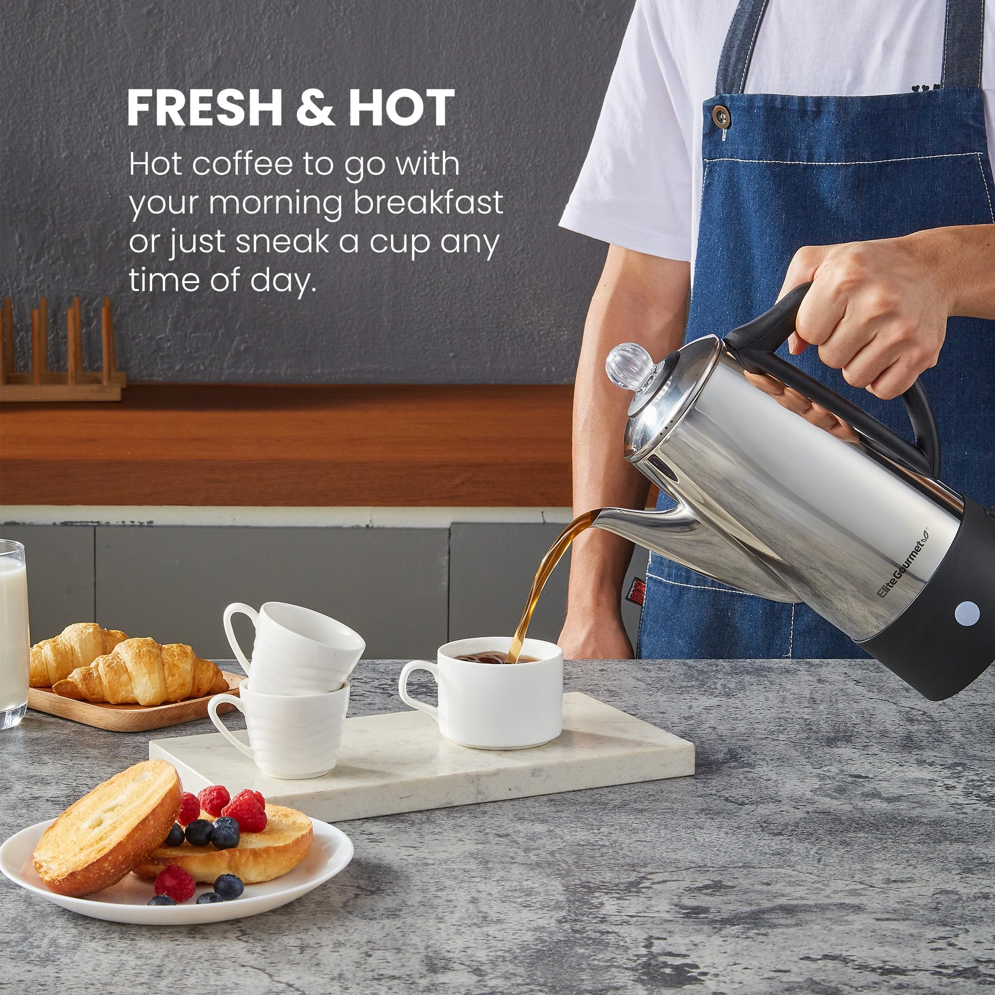 Elite Gourmet EC140 Electric 6-Cup Coffee Percolator with Keep Warm, Clear Brew Progress Knob Cool-Touch Handle Cord-less Serve, Stainless Steel