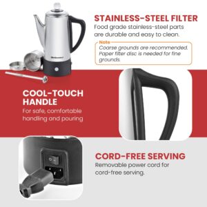 Elite Gourmet EC140 Electric 6-Cup Coffee Percolator with Keep Warm, Clear Brew Progress Knob Cool-Touch Handle Cord-less Serve, Stainless Steel