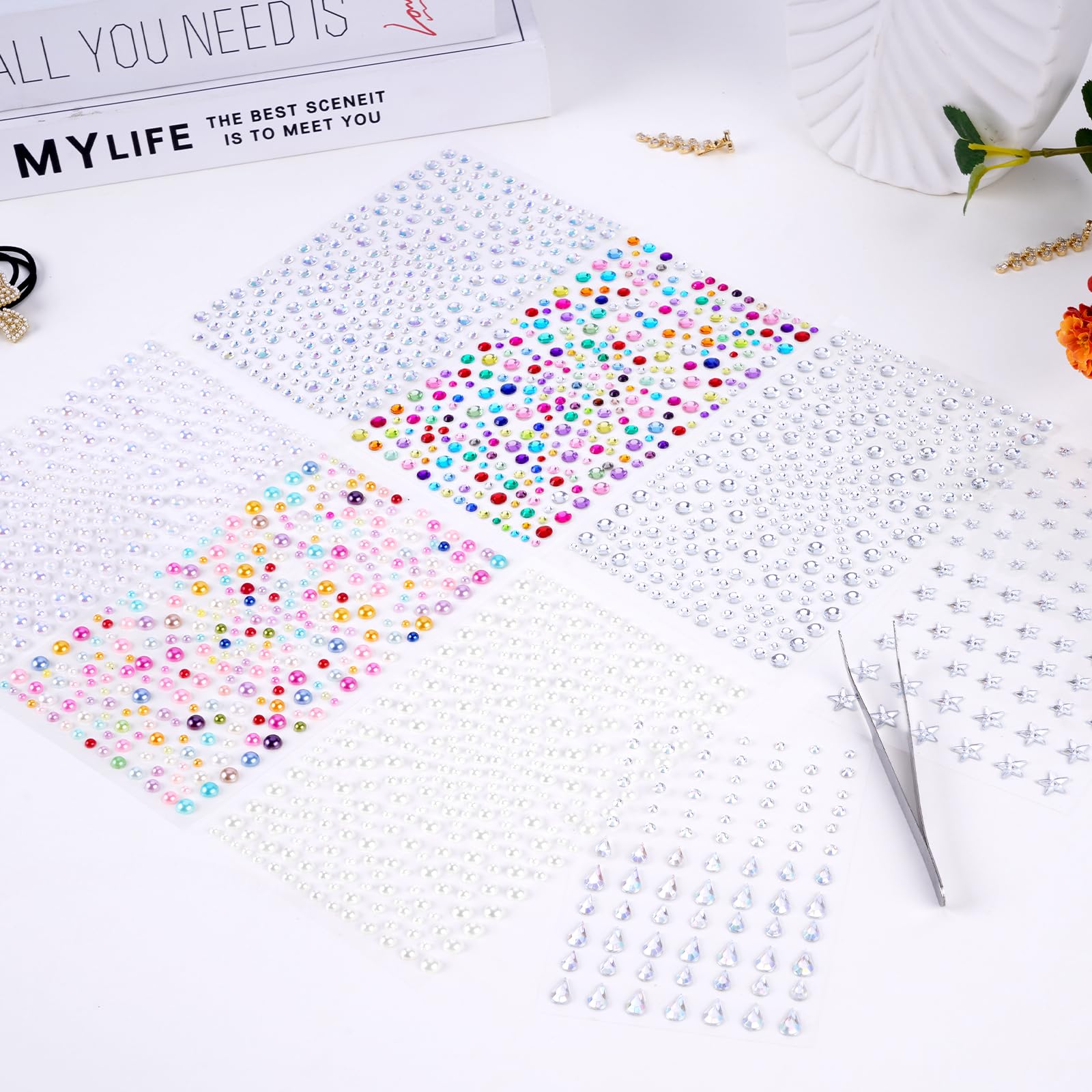 Sifniea 8 Sheets Face Gems Face Jewels Stick On Face Rhinestones, Self Adhesive Rhinestones Pearls Stickers for Makeup, Eye Gems Hair Gems Body Jewels for Face, Festival, Crafts, Nail Decorations