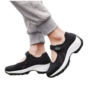 JWSVBF Sneakers for Women Dressy Travel Mesh, Thick Mesh Women Casual Shoe Student Rocking Sneaker Fashion Working Bottom Shoe Women's Slip on Casual Shoe for Ladies D-Black