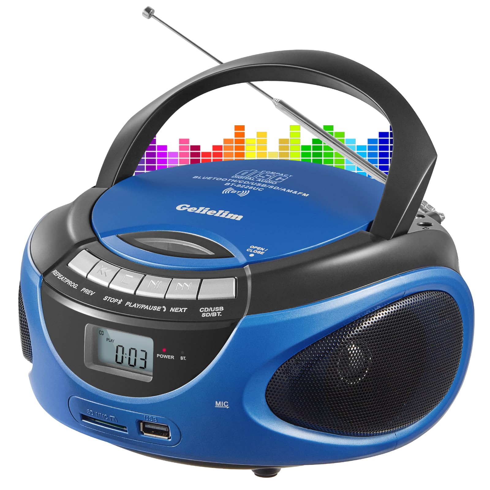 Gelielim Boombox CD Player, CD Players for Home with Bluetooth, AM FM Radio, Portable CD Boombox Support USB, SD, MMC Drive, LCD Display, Headphone Jack, AC/DC Powered, Gifts Idea for Elder-Blue