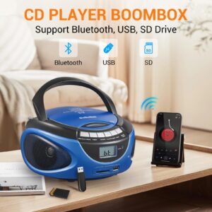 Gelielim Boombox CD Player, CD Players for Home with Bluetooth, AM FM Radio, Portable CD Boombox Support USB, SD, MMC Drive, LCD Display, Headphone Jack, AC/DC Powered, Gifts Idea for Elder-Blue