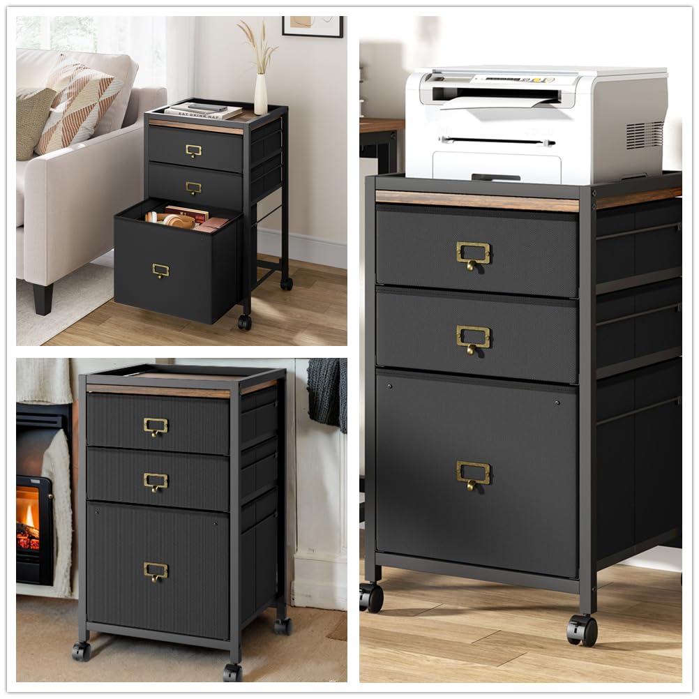 Gyabnw 2 Home Office, Small Rolling, Printer Stand Fits A4 Or Letter Size, Fabric Wheels-Rustic Black, 3 Drawer Vertical File Cabinet