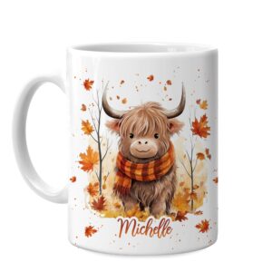 hyturtle personalized fall highland cow maple leaves coffee mug - birthday gifts for cow lovers - fall autumn decor gifts for farmhouse thanksgiving - custom name 11oz white ceramic coffee tea mug