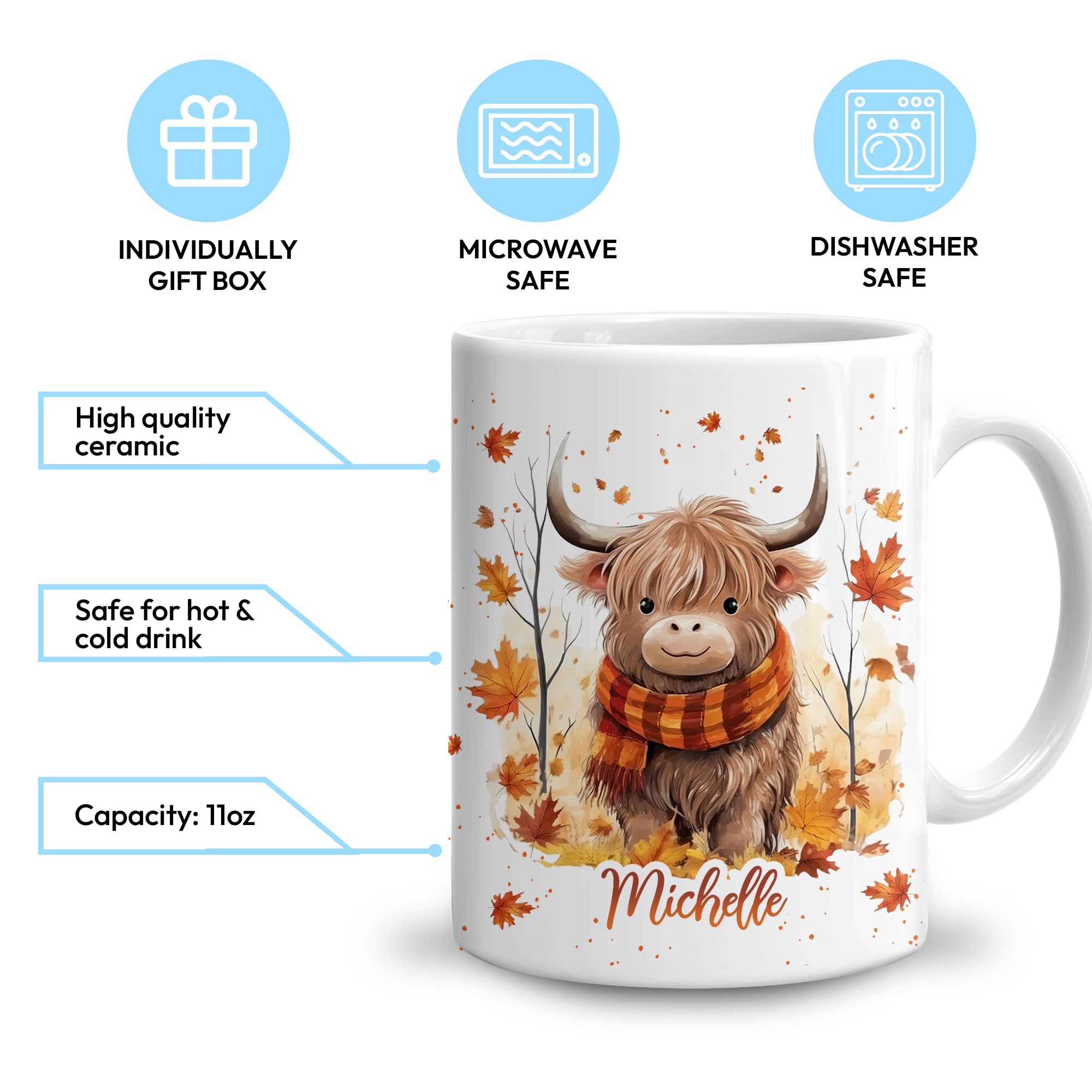 Hyturtle Personalized Fall Highland Cow Maple Leaves Coffee Mug - Birthday Gifts For Cow Lovers - Fall Autumn Decor Gifts For Farmhouse Thanksgiving - Custom Name 11oz White Ceramic Coffee Tea Mug