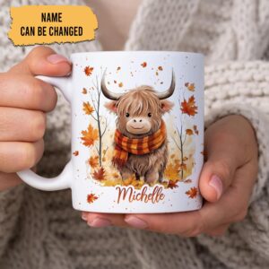 Hyturtle Personalized Fall Highland Cow Maple Leaves Coffee Mug - Birthday Gifts For Cow Lovers - Fall Autumn Decor Gifts For Farmhouse Thanksgiving - Custom Name 11oz White Ceramic Coffee Tea Mug