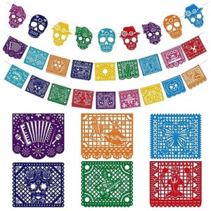 howaf 27pcs day of the dead papel picado banner, felt dia de los muertos sugar skull hanging garland for mexican themed party decoration supplies, colorful cinco de mayo flag banner
