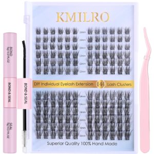 eyelash extension kit with 144 pcs diy lash clusters, bond and seal and tweezers d curl reusable individual lashes cluster super thin band & soft for beginners self application diy at home, by kmilro