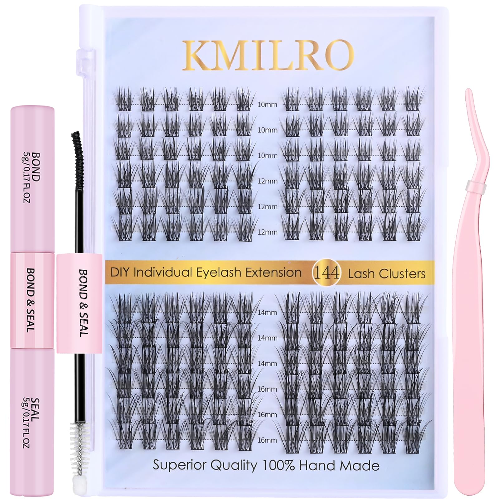 Eyelash Extension Kit with 144 Pcs DIY Lash Clusters, Bond and Seal and Tweezers D Curl Reusable Individual Lashes Cluster Super Thin Band & Soft for Beginners Self Application DIY at Home, by Kmilro