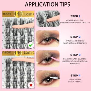 Eyelash Extension Kit with 144 Pcs DIY Lash Clusters, Bond and Seal and Tweezers D Curl Reusable Individual Lashes Cluster Super Thin Band & Soft for Beginners Self Application DIY at Home, by Kmilro