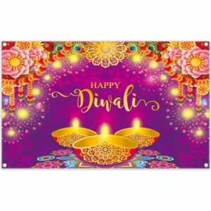 ycucuei 72x43inch fabric purple happy diwali backdrop india festival of lights photography background floral peacock feather party decoration banner photo booth