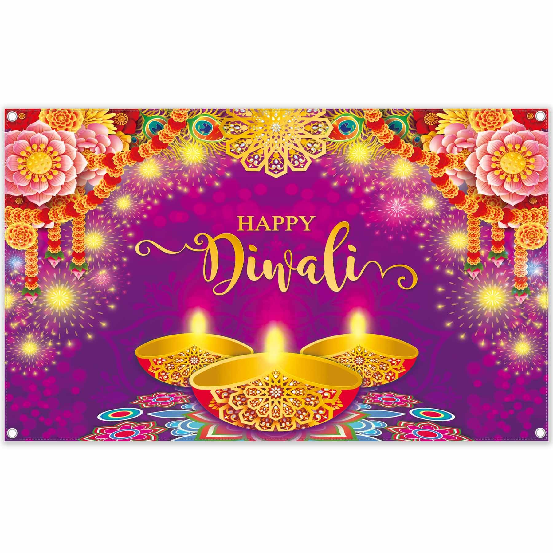 YCUCUEI 72x43inch Fabric Purple Happy Diwali Backdrop India Festival of Lights Photography Background Floral Peacock Feather Party Decoration Banner Photo Booth