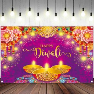 YCUCUEI 72x43inch Fabric Purple Happy Diwali Backdrop India Festival of Lights Photography Background Floral Peacock Feather Party Decoration Banner Photo Booth