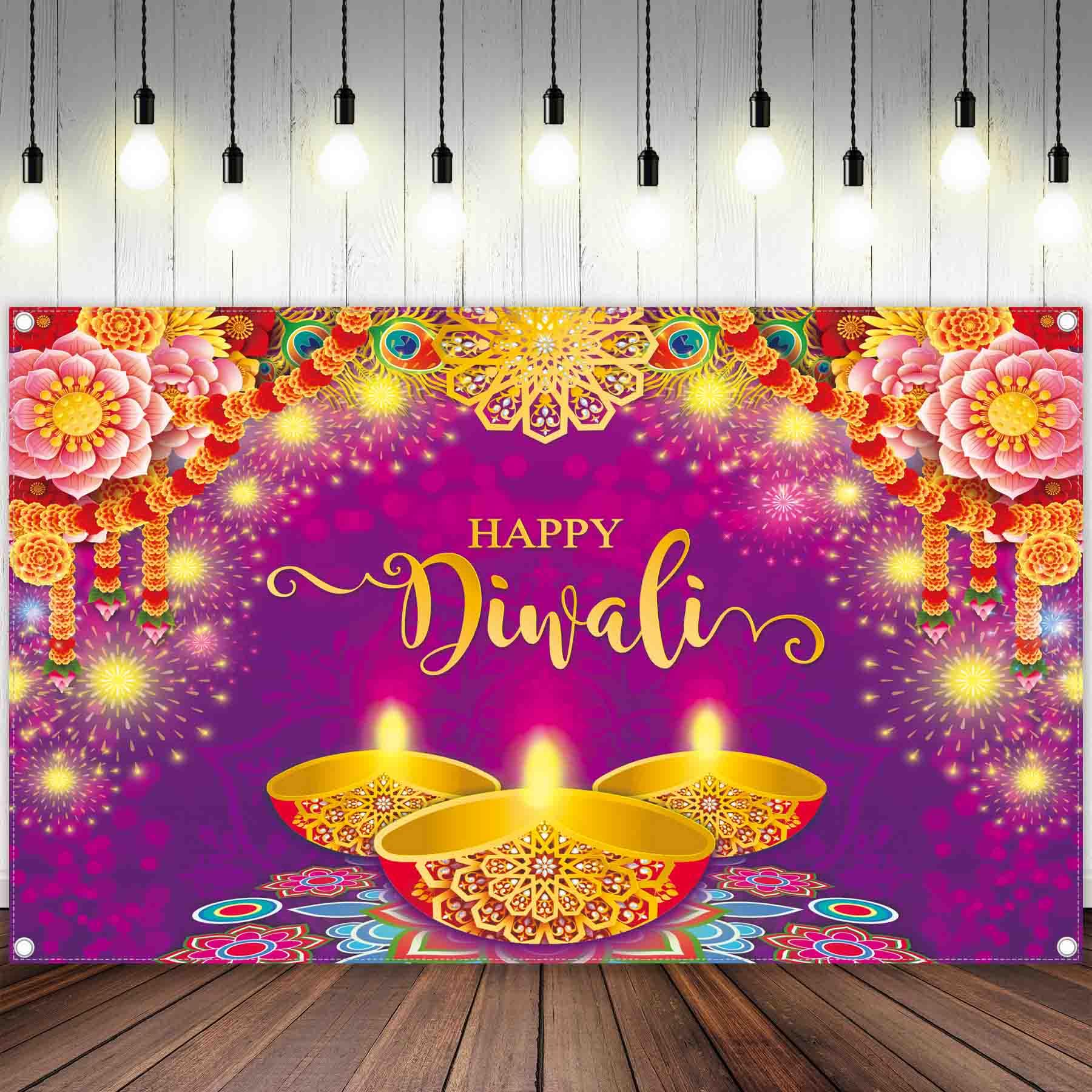 YCUCUEI 72x43inch Fabric Purple Happy Diwali Backdrop India Festival of Lights Photography Background Floral Peacock Feather Party Decoration Banner Photo Booth