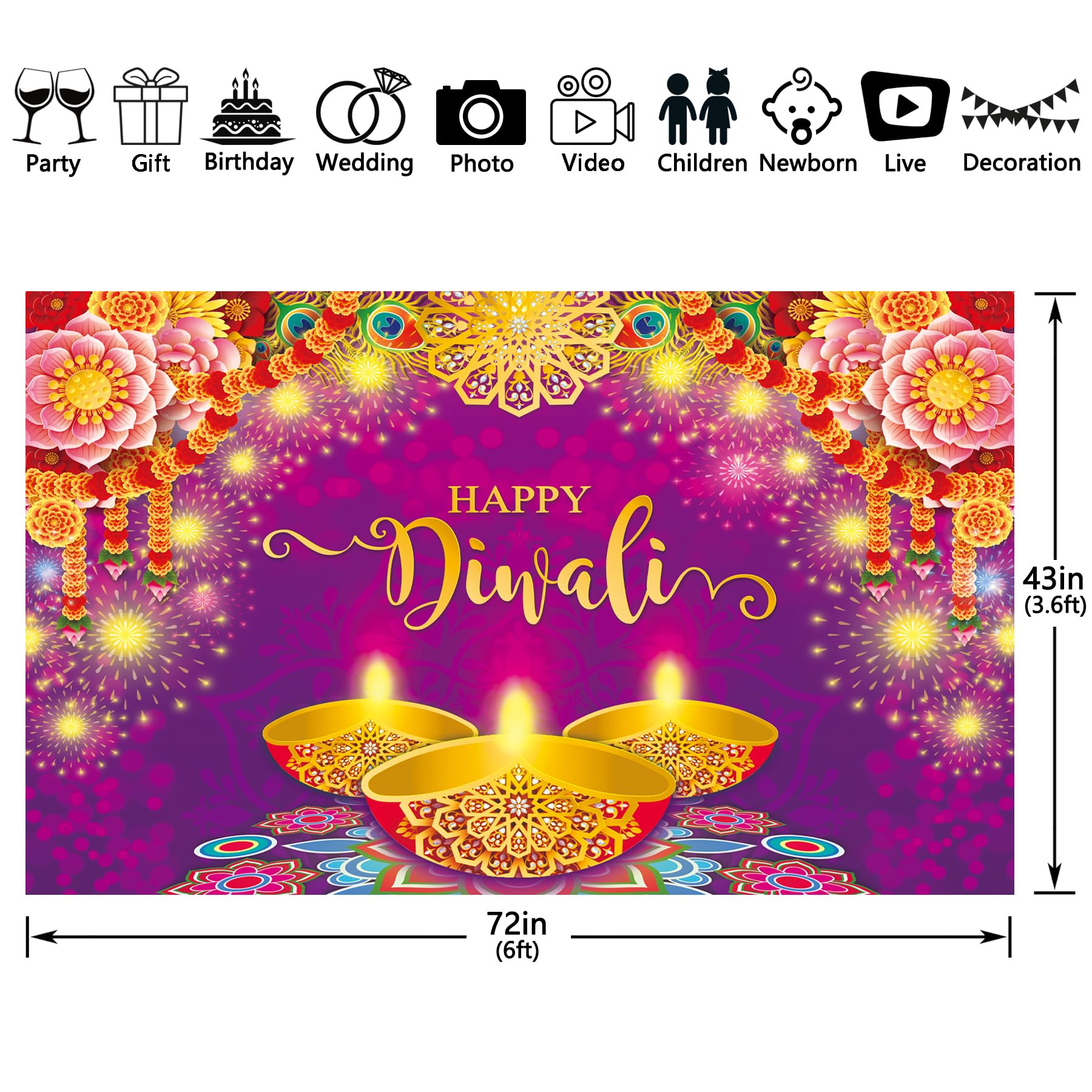 YCUCUEI 72x43inch Fabric Purple Happy Diwali Backdrop India Festival of Lights Photography Background Floral Peacock Feather Party Decoration Banner Photo Booth