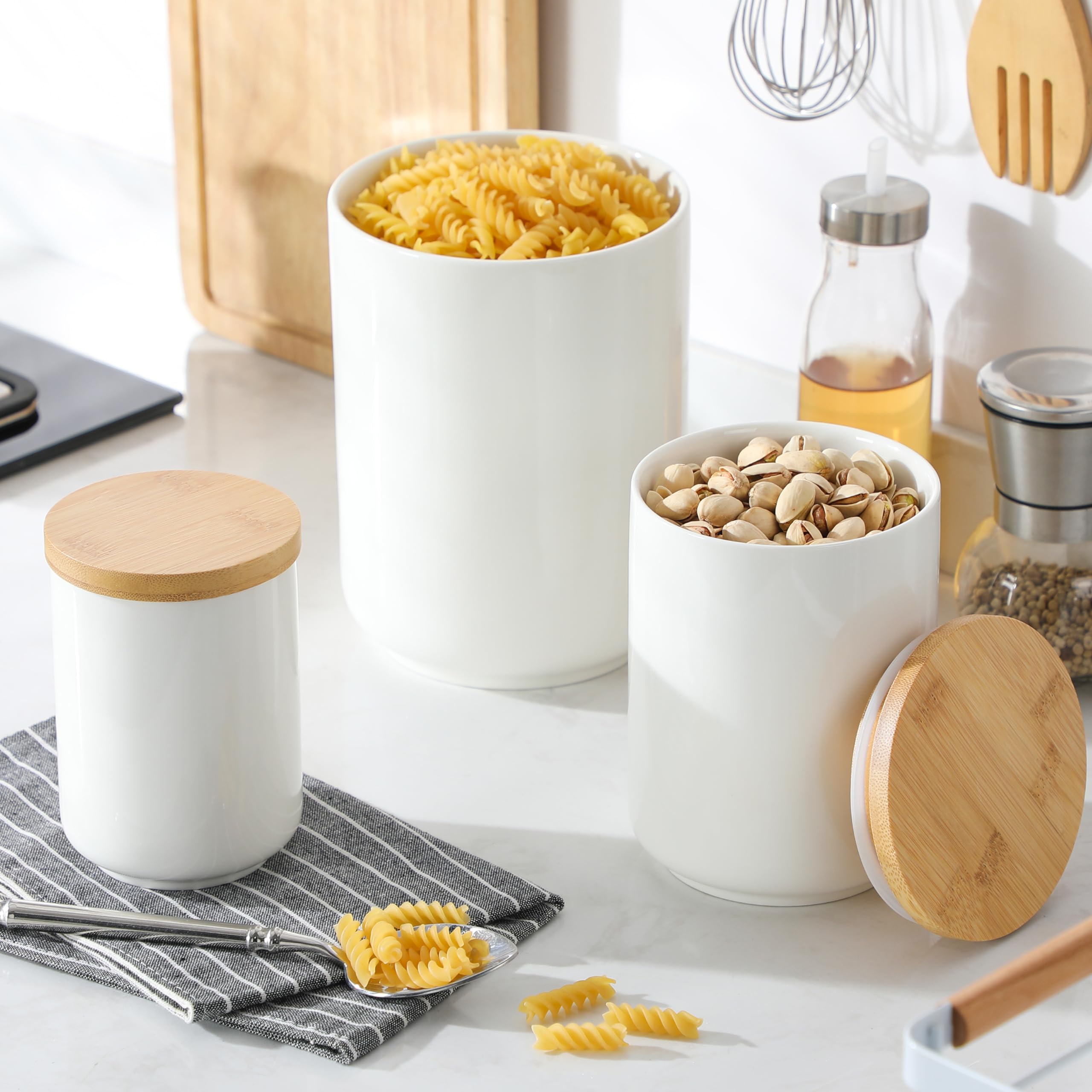 MALACASA Canisters Sets for the Kitchen, Ceramic Kitchen Canisters for Countertop, Coffee Jar with Airtight Bamboo Lid, Flour and Sugar Containers Set of 3, White Food Storage Jars for Tea, Cereal Nut