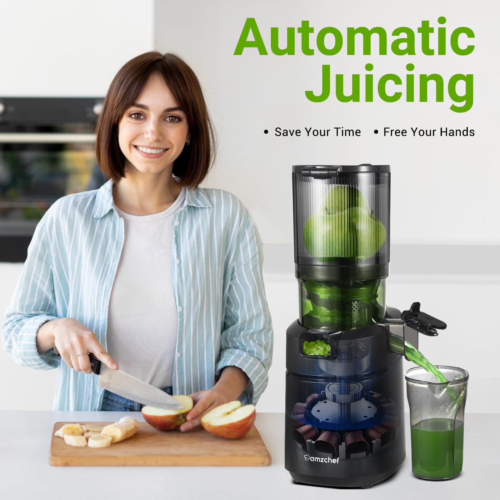 Juicer Machines, AMZCHEF 5.3-Inch Self-Feeding Masticating Juicer Fit Whole Fruits & Vegetables, Cold Press Electric Juicer Machines with High Juice Yield, Easy Cleaning, BPA Free, 250W