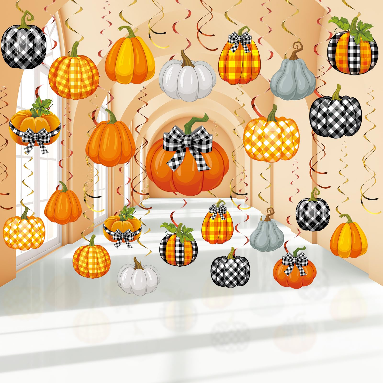 54 Pcs Fall Party Decorations, Thanksgiving Hanging Swirls Decorations, Pumpkin Maple Cutouts Hanging Swirls Ceiling Decorations for Autumn Harvest Party Supplies(Pumpkin)