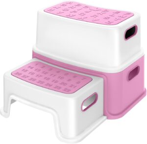 2 step stools for kids, anti-slip toddler step stool for bathroom sink, two step stool for toddlers toilet potty training, toddler stool for kitchen counter bedroom, pink