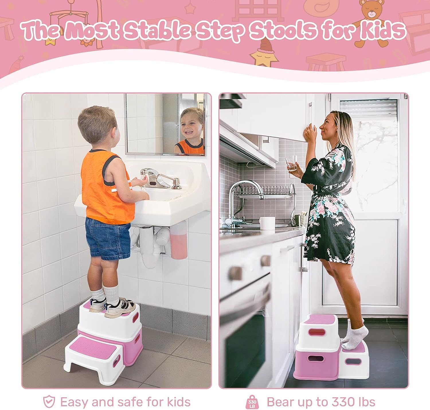 2 Step Stools for Kids, Anti-Slip Toddler Step Stool for Bathroom Sink, Two Step Stool for Toddlers Toilet Potty Training, Toddler Stool for Kitchen Counter Bedroom, Pink