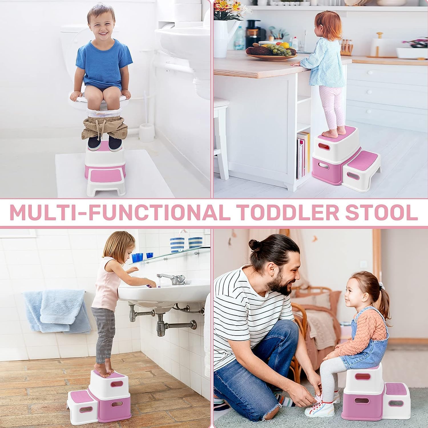 2 Step Stools for Kids, Anti-Slip Toddler Step Stool for Bathroom Sink, Two Step Stool for Toddlers Toilet Potty Training, Toddler Stool for Kitchen Counter Bedroom, Pink