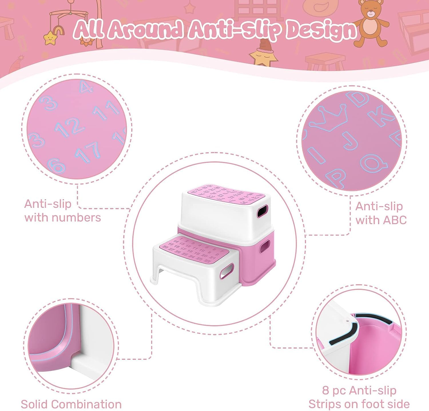 2 Step Stools for Kids, Anti-Slip Toddler Step Stool for Bathroom Sink, Two Step Stool for Toddlers Toilet Potty Training, Toddler Stool for Kitchen Counter Bedroom, Pink