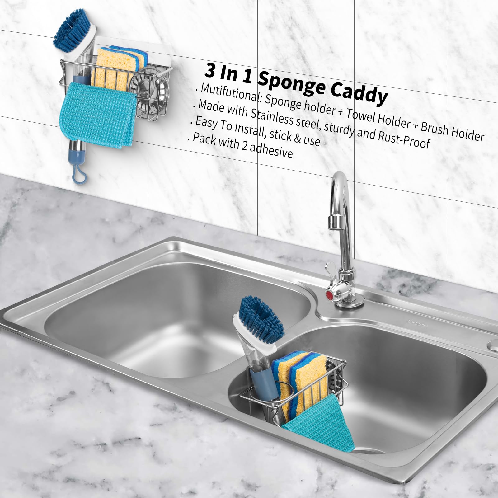 3 In 1 Sponge Holder for Kitchen Sink, Stainless Steel In Kitchen Sink Sponge Caddy/Organizer with Brush Holder + Dish Cloth Hanger + Sponge Rack With 2 Adhesive