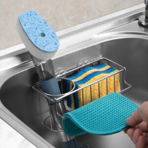 3 In 1 Sponge Holder for Kitchen Sink, Stainless Steel In Kitchen Sink Sponge Caddy/Organizer with Brush Holder + Dish Cloth Hanger + Sponge Rack With 2 Adhesive