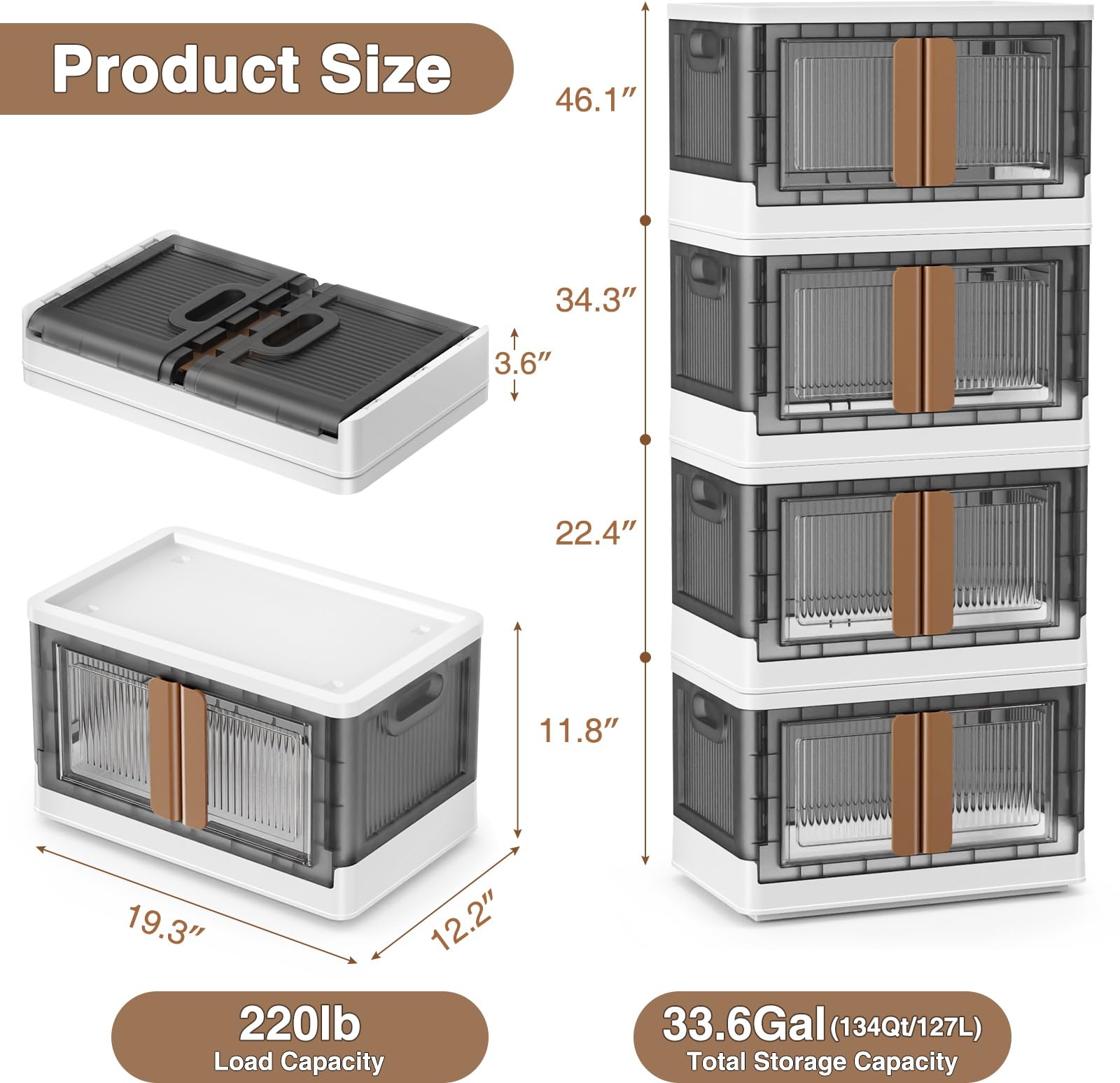 BROVIEW V6S 8.4Gal Plastic Storage Bins with Lids and Wheels, 4Pack Collapsible Storage Boxes, Trunk Organizers, Closet Organizers and Storage, Stackable Storage Containers with Doors for Office Dorm