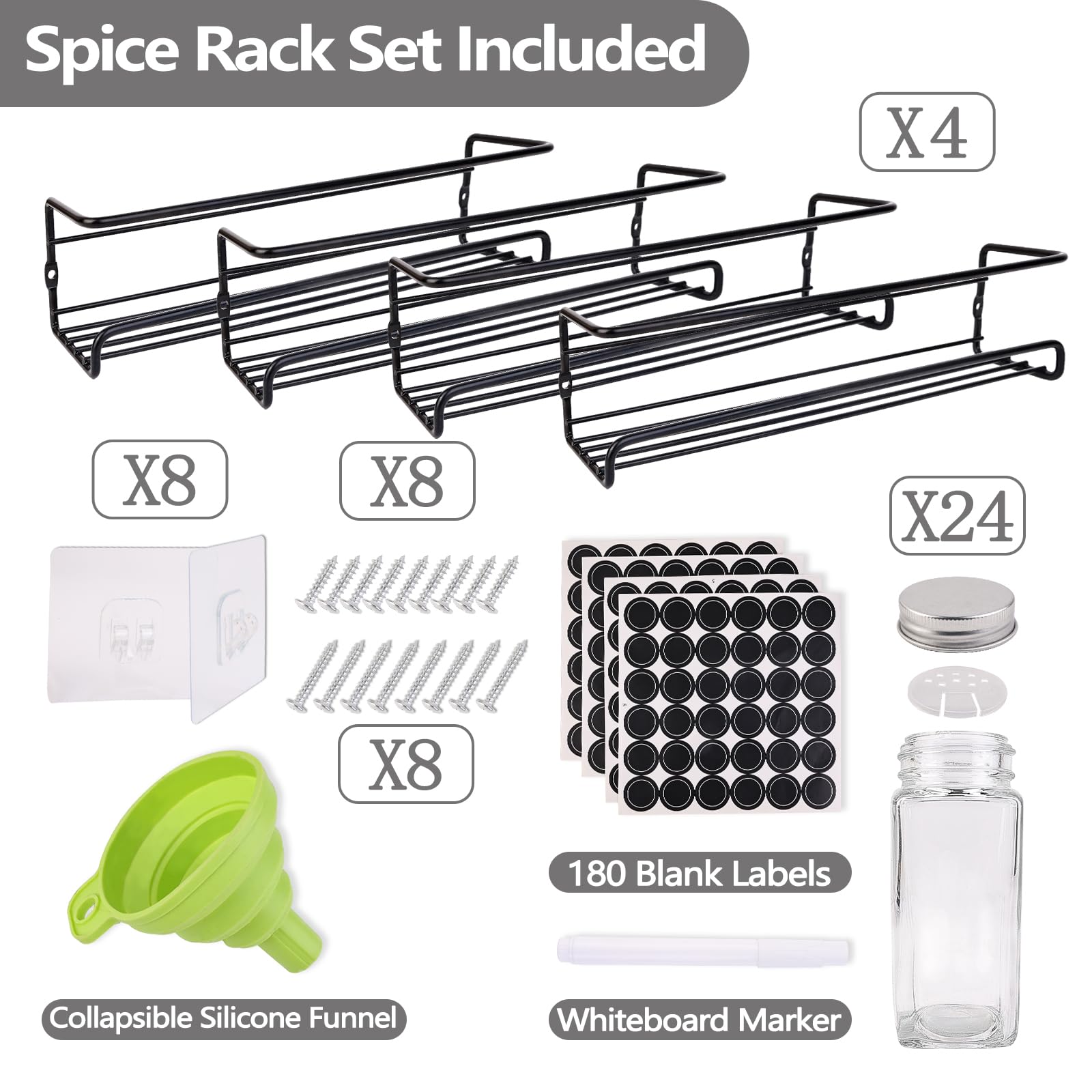 PNHYTUGY Spice Rack Wall Mount, 4 Pack Hanging Spice Rack with 24 Spice Jars, 180 Spice Labels, Whiteboard Marker & Funnel, Screw or Adhesive Spice Rack Organizer for Cabinet.Wall.Metal