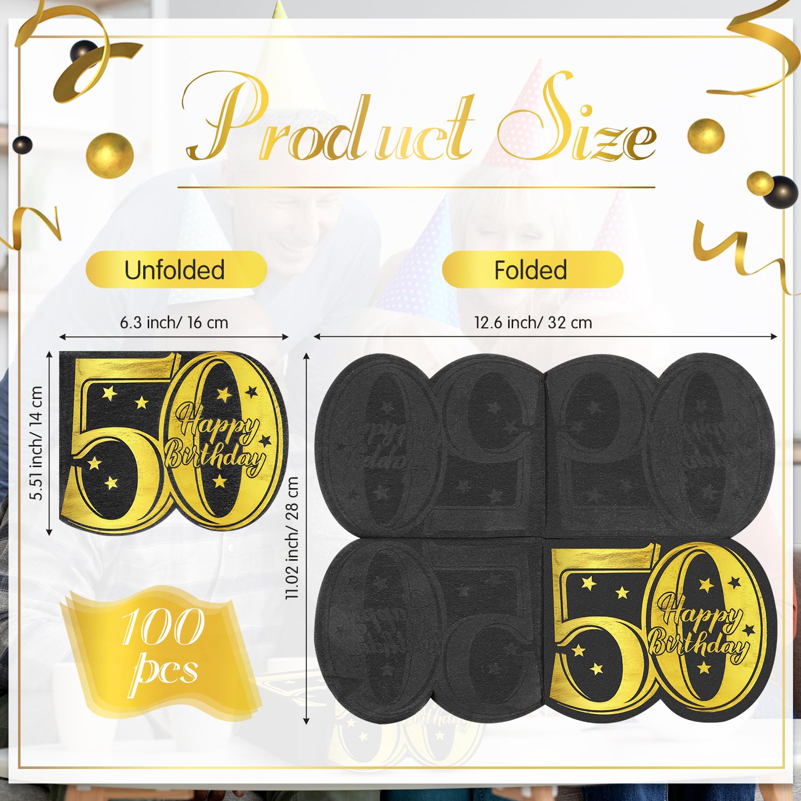 Pasimy 100 Pcs 50th Birthday Napkins Black and Gold 50th Cocktail Napkins Disposable 50 Year Paper Napkins 50th Birthday Favors for 50th Anniversary Birthday Wedding Party Decorations