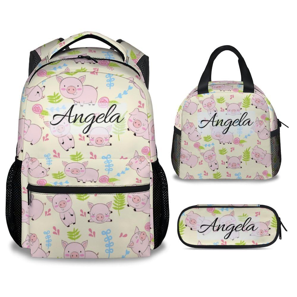 Personalized Pig Backpack with Lunch Box - Set of 3 Custom School Backpacks Matching Combo - Cute White Bookbag and Pencil Case Bundle