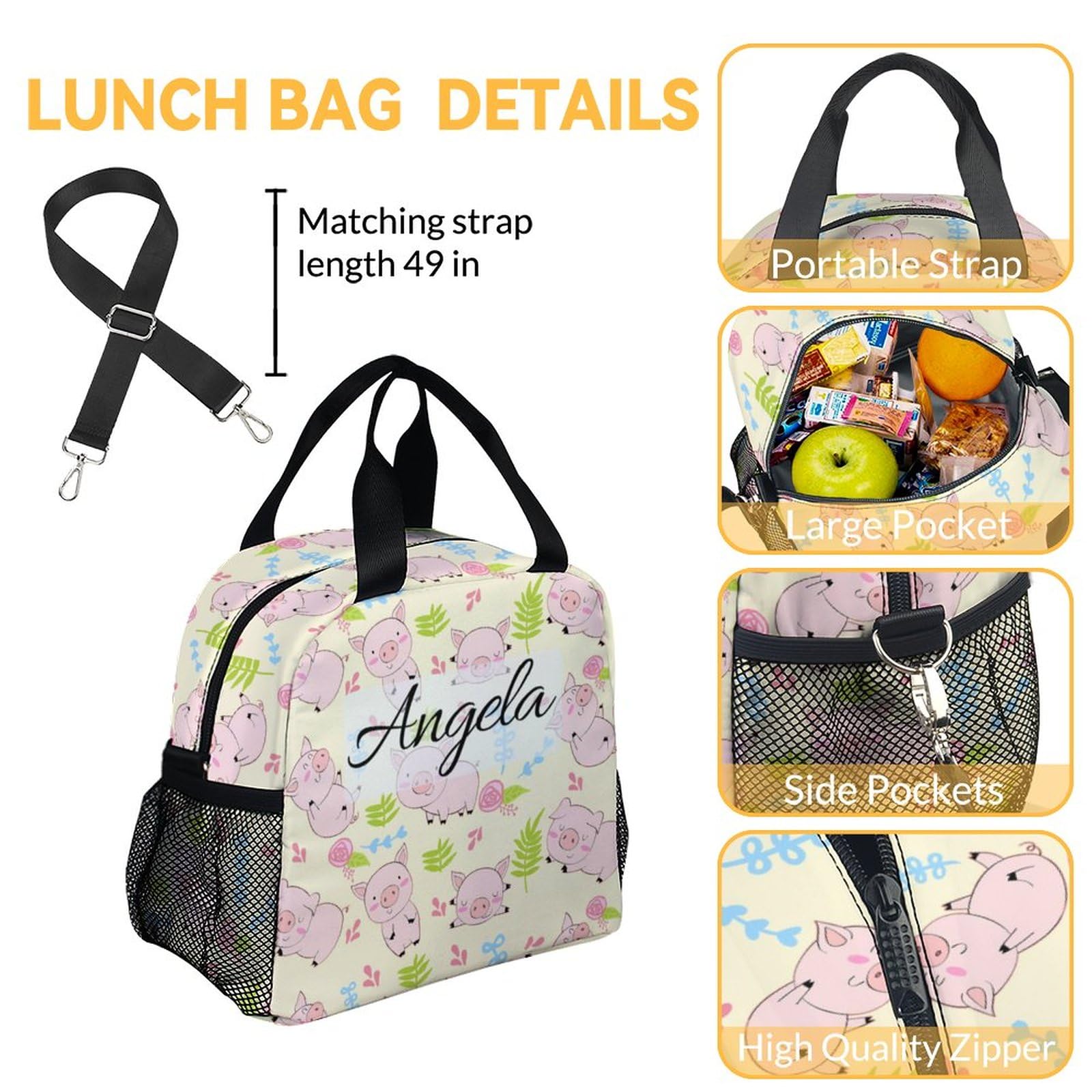 Personalized Pig Backpack with Lunch Box - Set of 3 Custom School Backpacks Matching Combo - Cute White Bookbag and Pencil Case Bundle