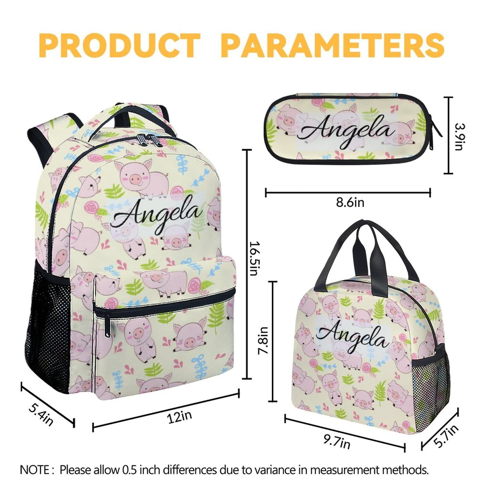 Personalized Pig Backpack with Lunch Box - Set of 3 Custom School Backpacks Matching Combo - Cute White Bookbag and Pencil Case Bundle