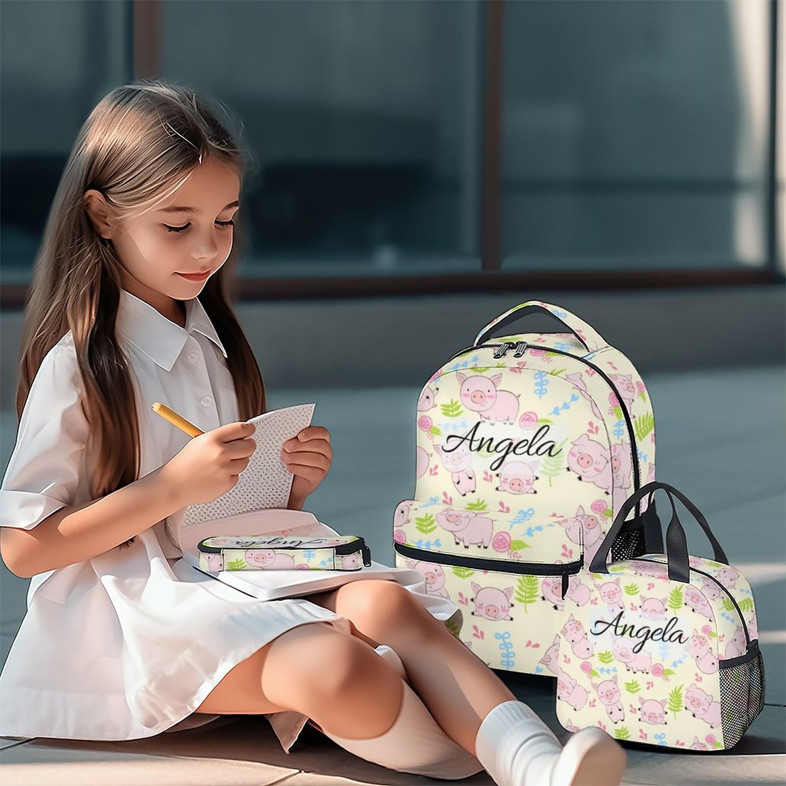 Personalized Pig Backpack with Lunch Box - Set of 3 Custom School Backpacks Matching Combo - Cute White Bookbag and Pencil Case Bundle