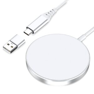 yllzi magnetic wireless charger for iphone 15 14 13 12 pro max plus mini,for airpods 3/2/pro,fast charging pad,silver