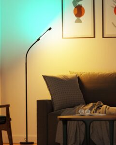 ulg 【upgrade】 double side led floor lamp, tall 360° adjustable gooseneck standing reading lamp for bedroom, rgb & dimmable bright task light with 3000k-6500k color temps, eyelash led floor light