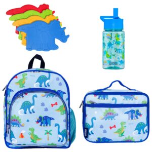 wildkin kids lunch box, 12 inch backpack, 16 oz tritan water bottle, and ice pack bundle for a convenient, refreshing, and fulfilling meal all around (dinosaur land)