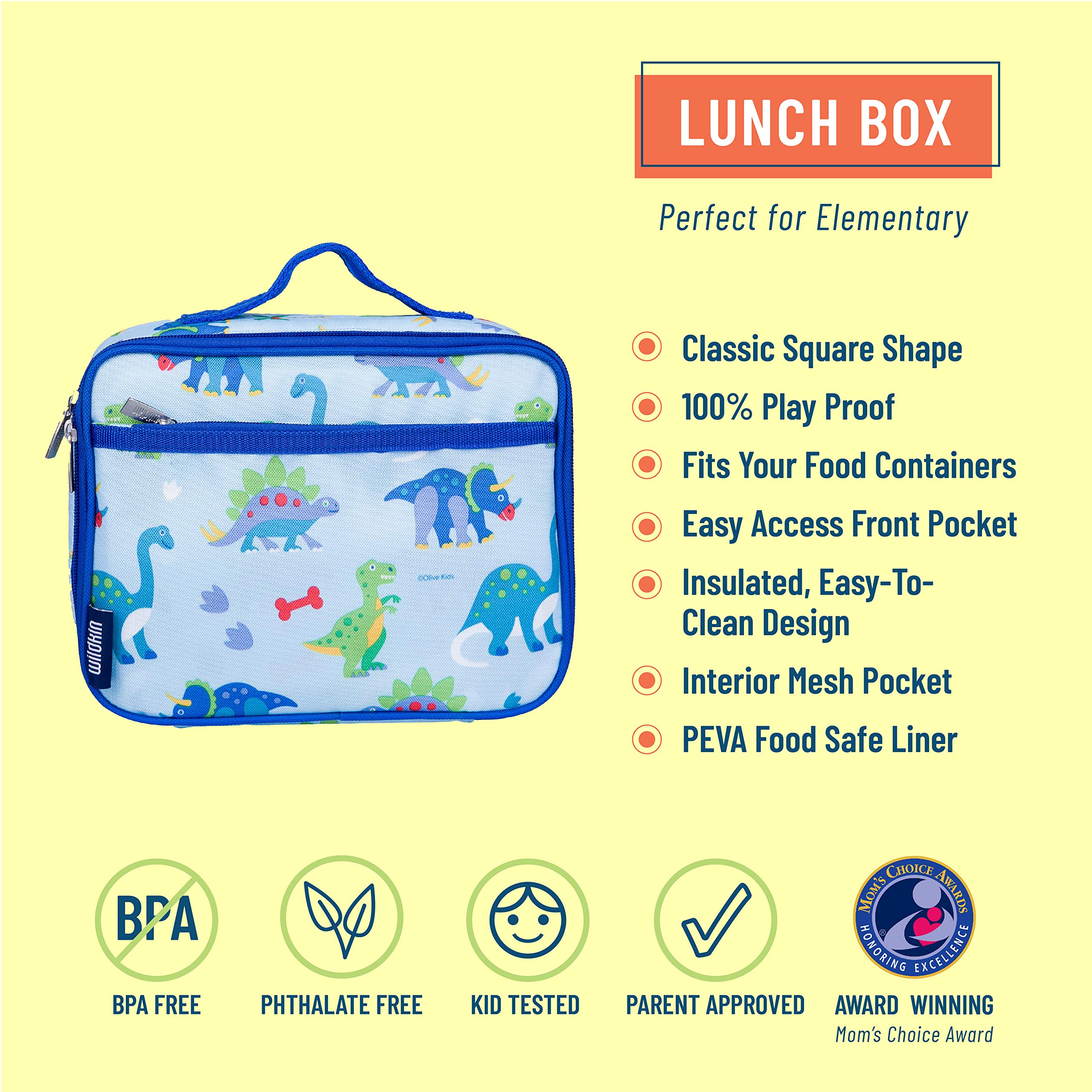 Wildkin Kids Lunch Box, 12 Inch Backpack, 16 Oz Tritan Water Bottle, and Ice Pack Bundle for a Convenient, Refreshing, and Fulfilling Meal All Around (Dinosaur Land)