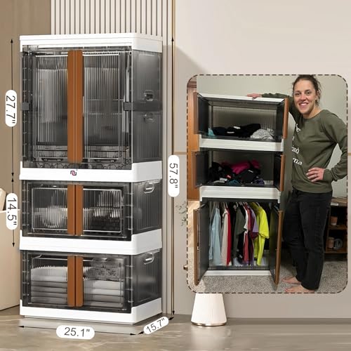 NUNET 304Qt Large Foldable Closet Organizers Stackable Storage Boxes 2X 19 Gal & 1x 38 Gal Collapisble Storage Bins w. Lids, Front Doors, Rod, Small Size of Hangers & Wheels for Clothes, Toys etc.