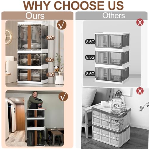 NUNET 304Qt Large Foldable Closet Organizers Stackable Storage Boxes 2X 19 Gal & 1x 38 Gal Collapisble Storage Bins w. Lids, Front Doors, Rod, Small Size of Hangers & Wheels for Clothes, Toys etc.