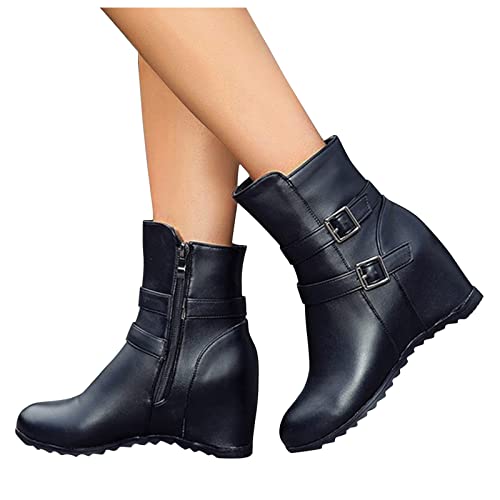 Fashion Wedge Increase Women's Buckle Style Belt Inner British Heel Height Boots women's boots Dress Boots for Women (Black, 7.5)