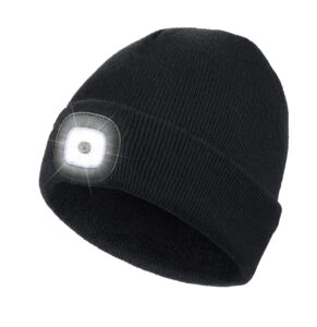hatlight unisex led beanie with light, usb rechargeable flashlight knitted led hat headlamp cap, christmas stocking stuffers gifts for men husband dad black