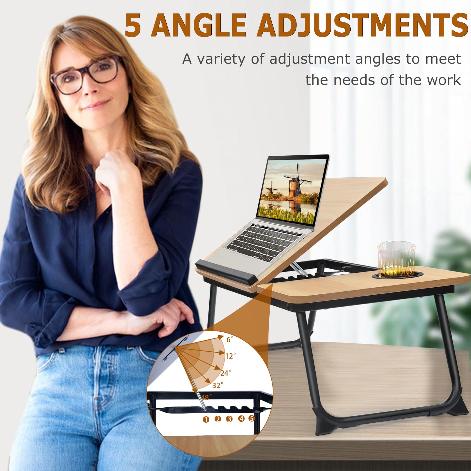 Adjustable Laptop Desk for Bed,Bed Table for Laptop,Laptop Stand for Bed,Lap Desk for Laptop,Foldable Bed Desk for Laptop and Writing,Portable Bed Tray Table with Cup Holder,Laptop Bed Tray Table