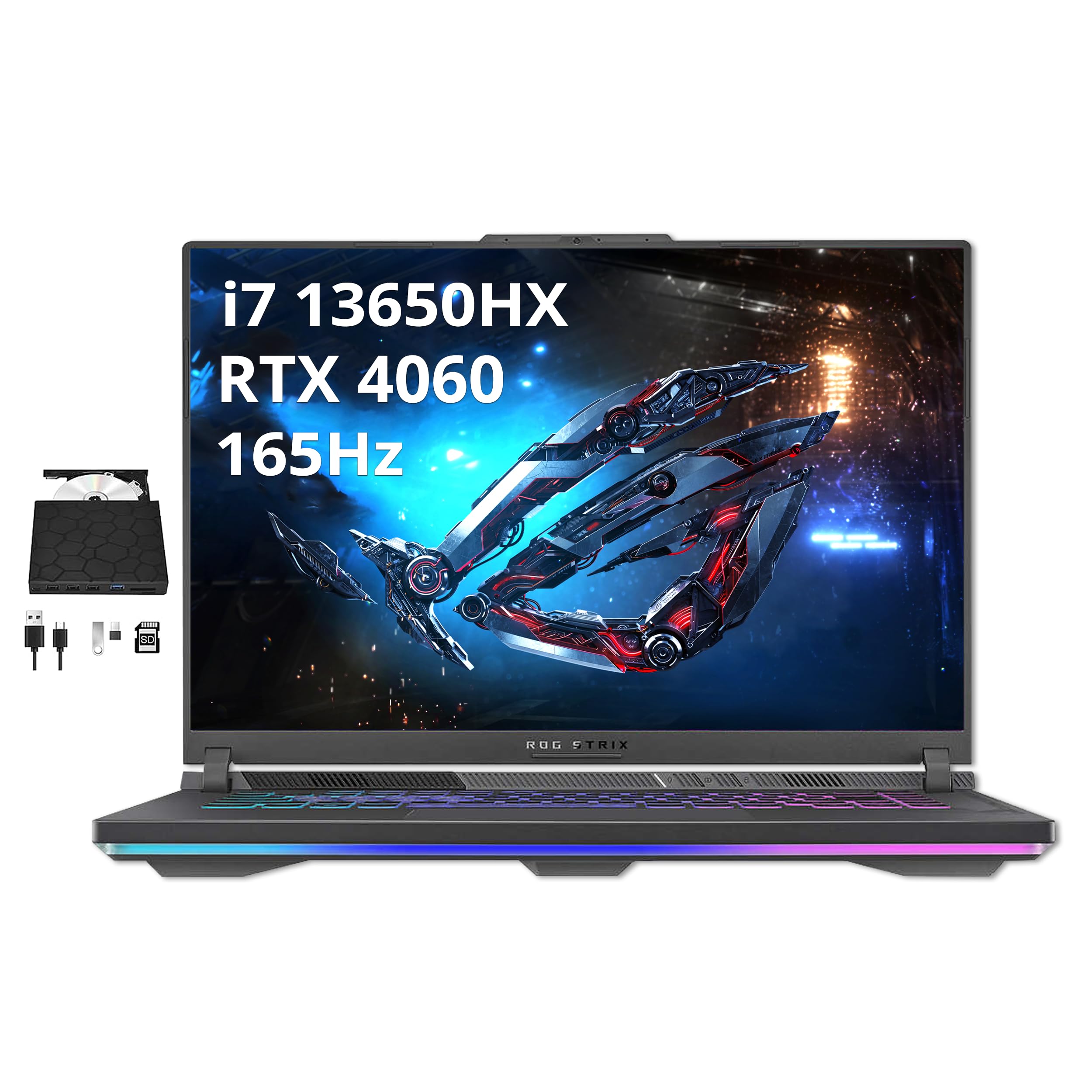 Asus 2023 ROG Strix G16 16'' WUXGA 165Hz Gaming Laptop, Intel Core i7-13650HX, NVIDIA GeForce RTX 4060, 64GB DDR5 RAM, 2TB SSD, 4zone RGB Backlit Keyboard, Win 11Pro, Gray, Hotface DVD-RW USB Hub